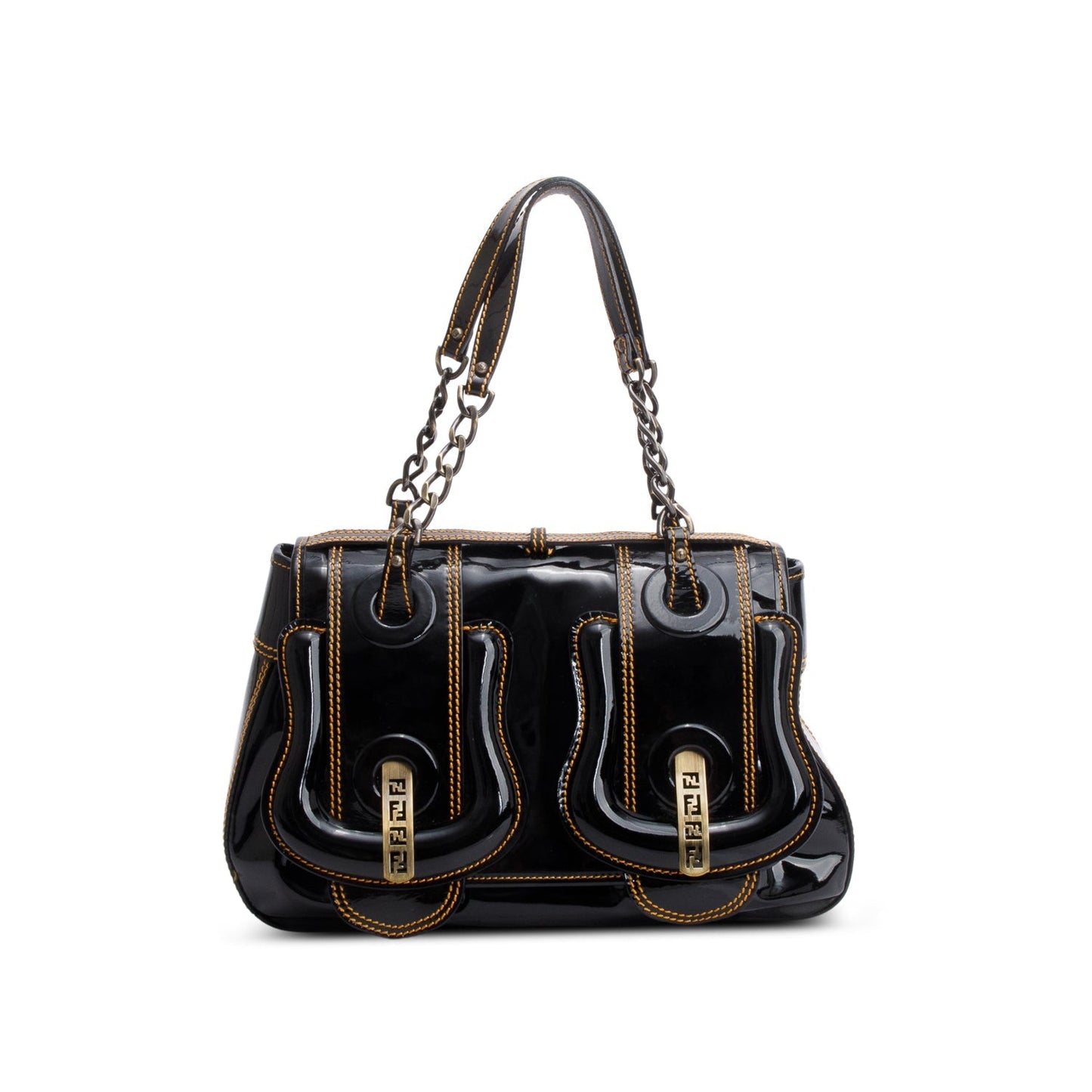 Fendi Patent Shoulder Bag Leather Black