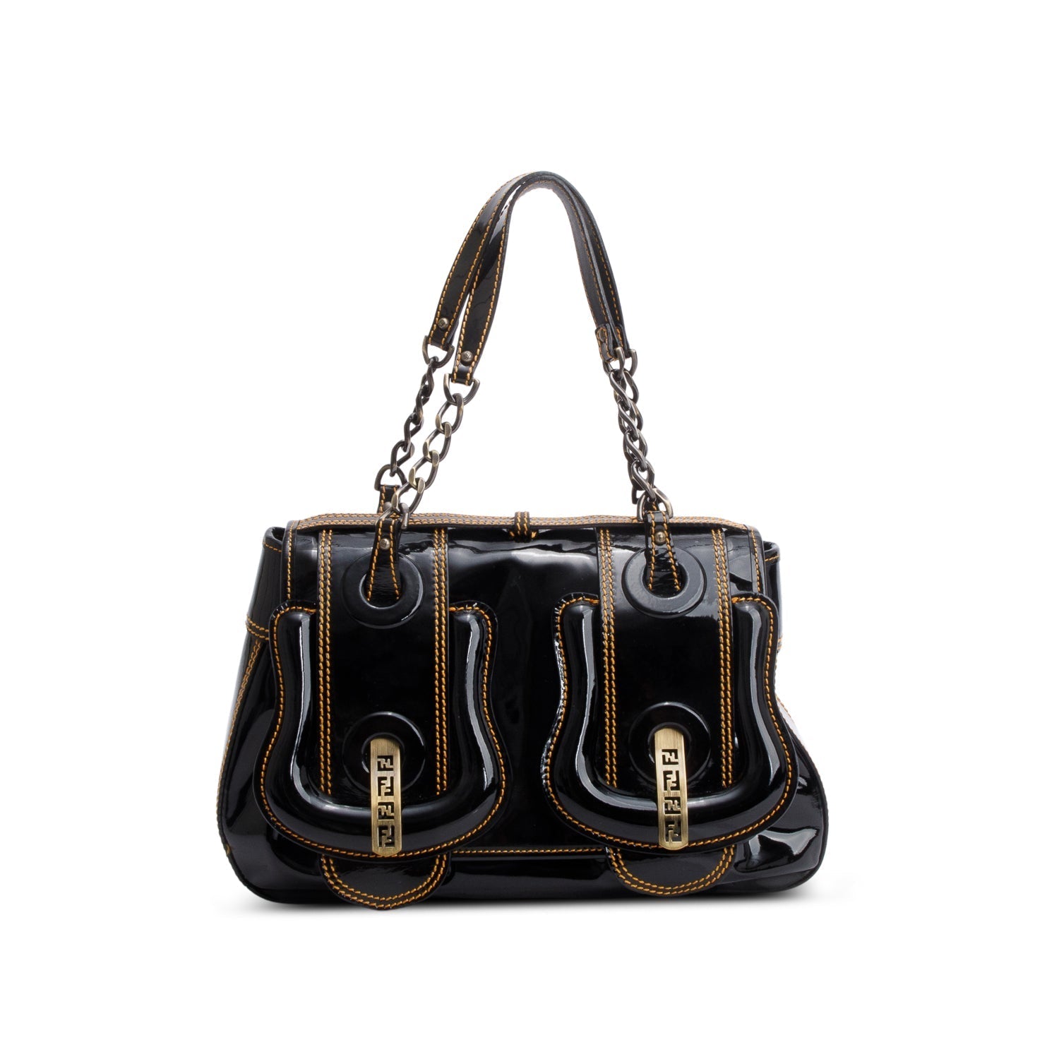 Fendi Patent Shoulder Bag Leather Black