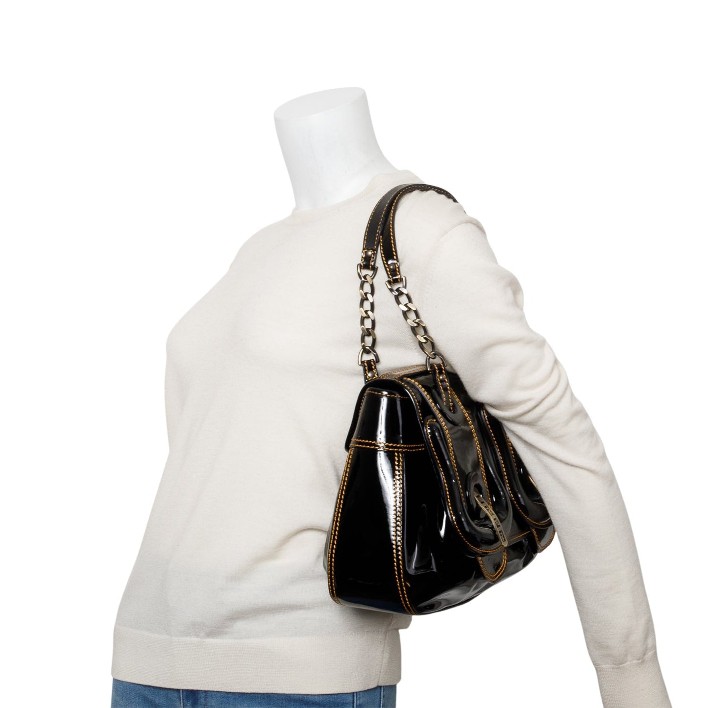 Fendi Patent Shoulder Bag Leather Black