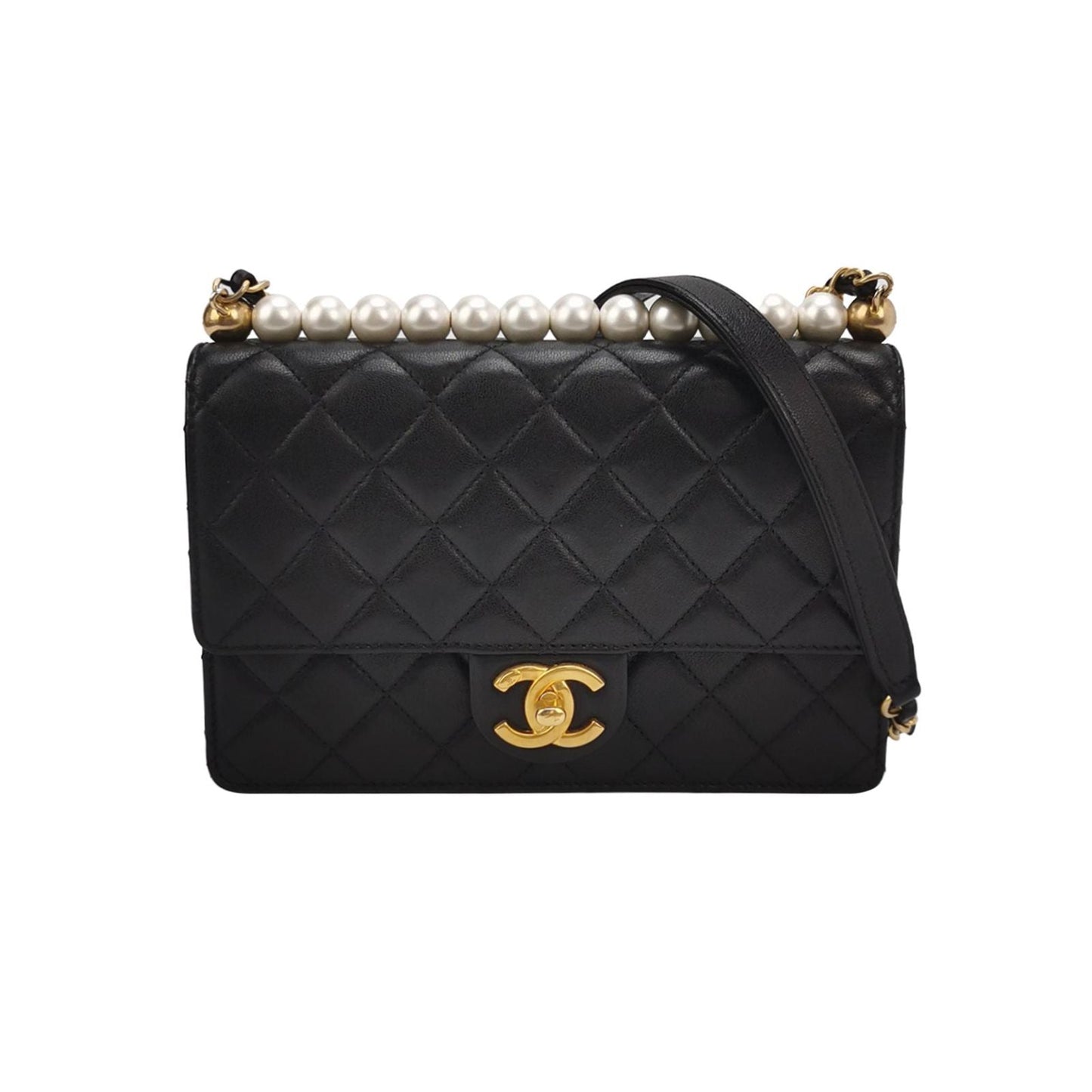 Preloved Chanel Flap Bag Lamb Leather Quilted Pearl Decor Classic Double C Buckle Shoulder Bag 250430781173377