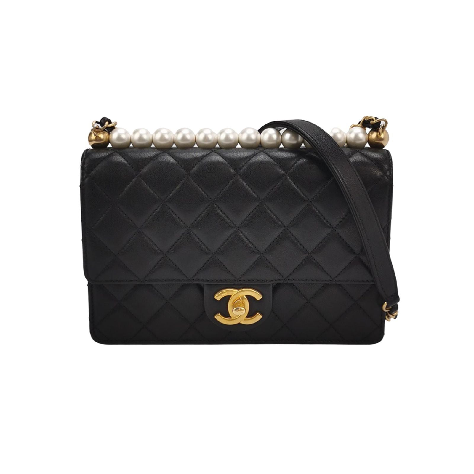 Chanel Flap Bag Lamb Leather Quilted Pearl Decor Classic Double C Buckle Shoulder Bag