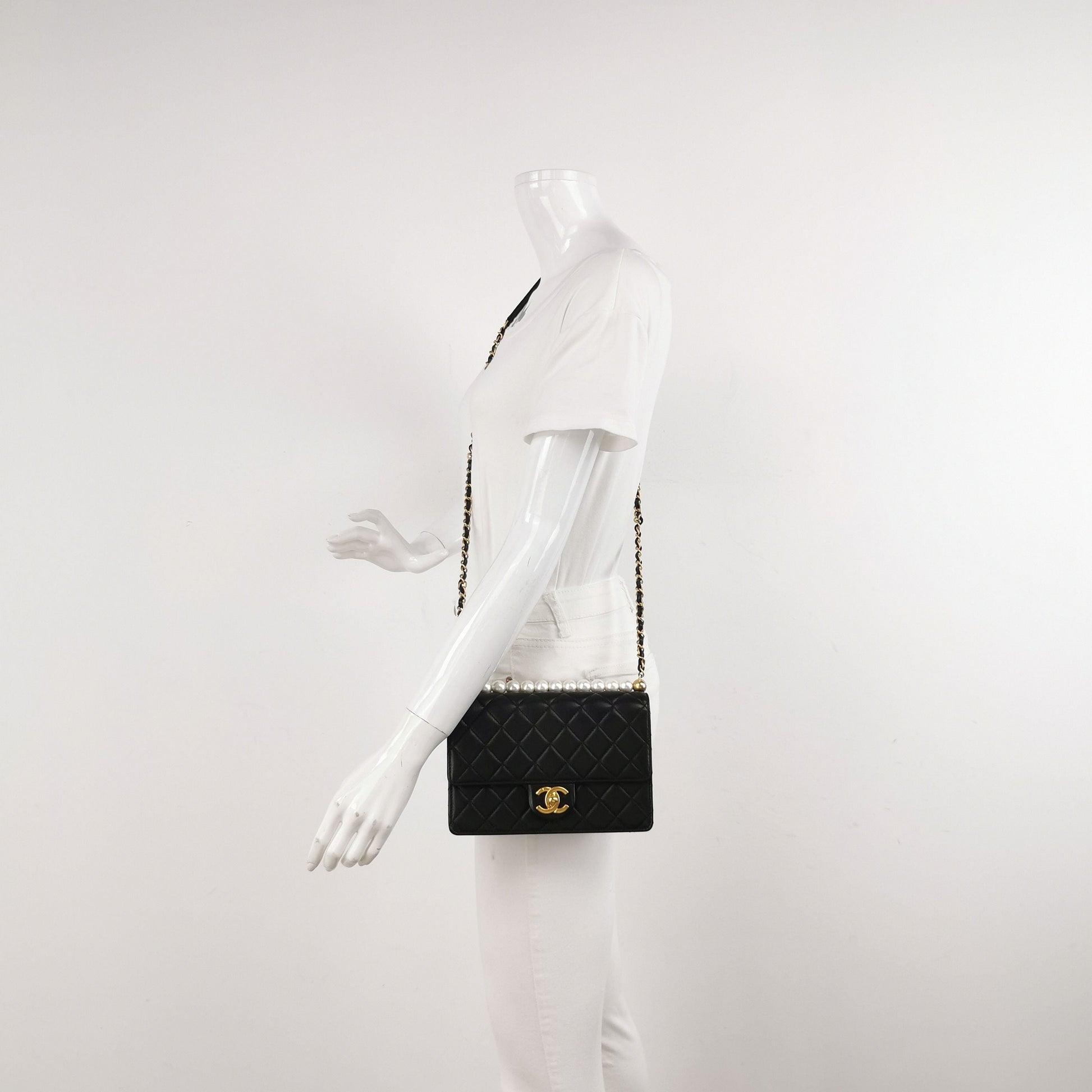 Chanel Flap Bag Lamb Leather Quilted Pearl Decor Classic Double C Buckle Shoulder Bag