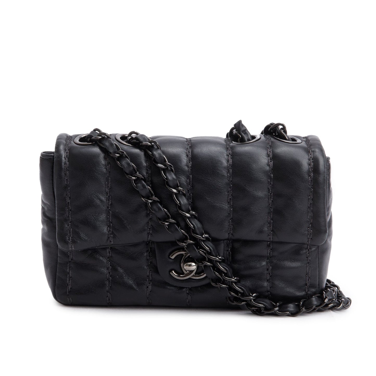 Chanel Vertical Stitch Flap Lambskin Black Travel Bag