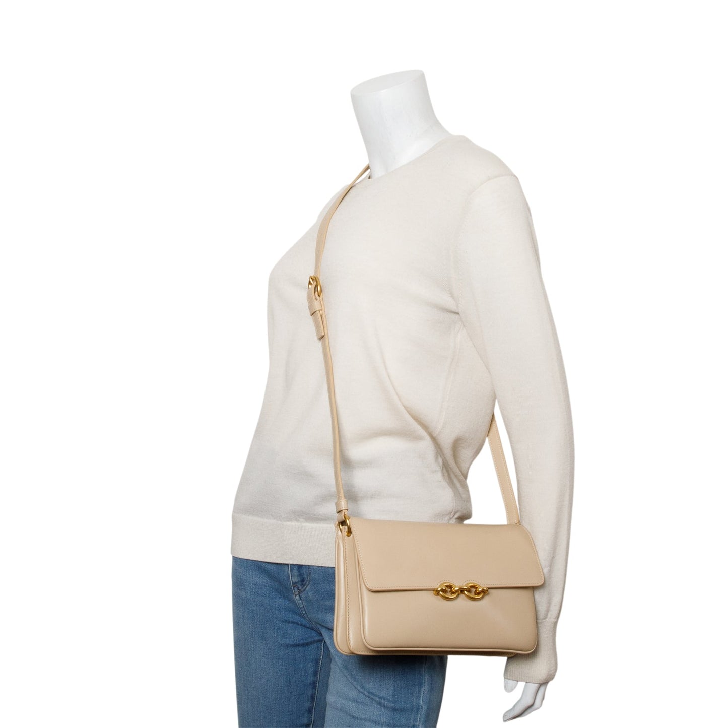 YSL Saint Laurent Smooth Calfskin Le Maillon Satchel Beige Travel Bag