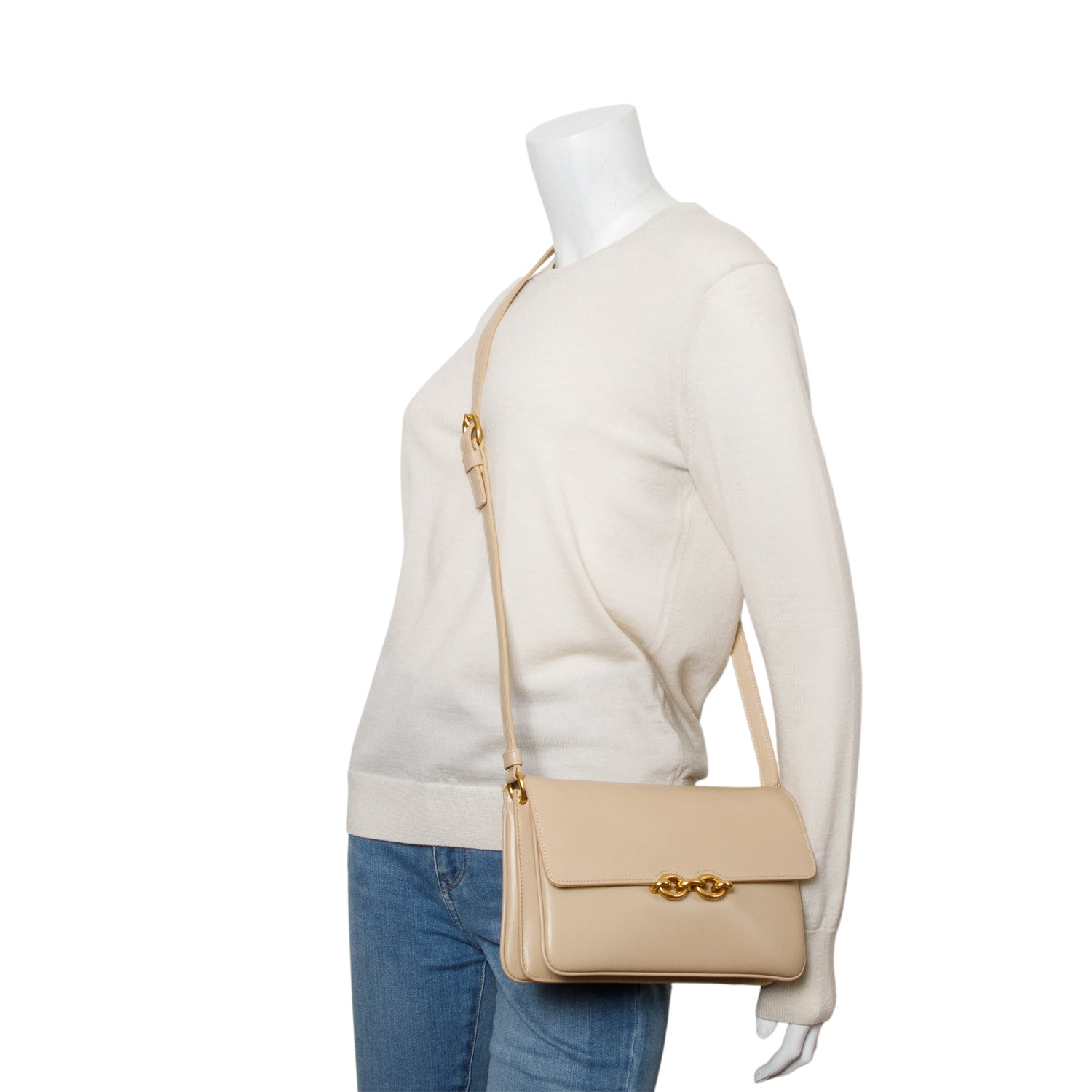 YSL Saint Laurent Smooth Calfskin Le Maillon Satchel Beige Travel Bag