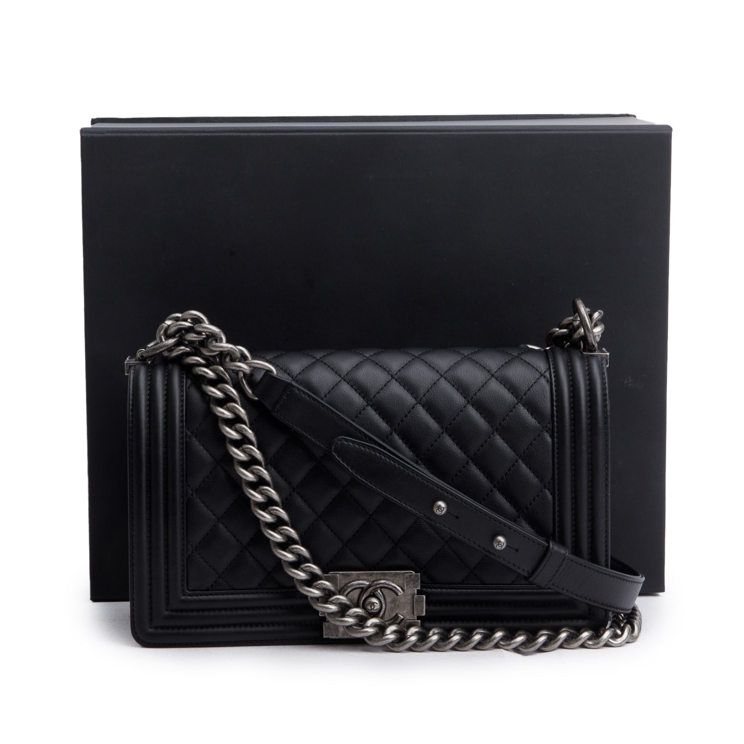 Chanel Quilted Boy Leather Lambskin Black Travel Bag Card Receipt