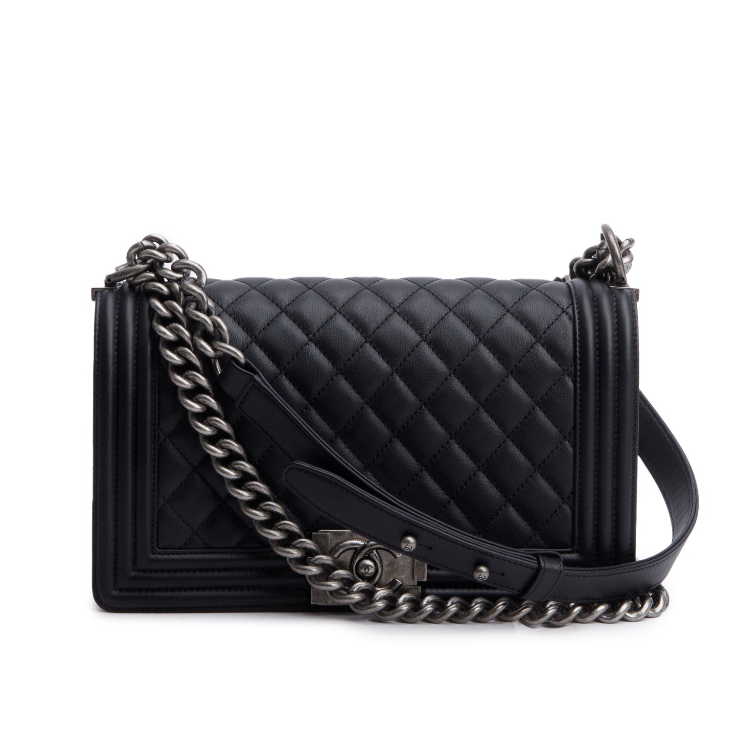 Chanel Quilted Boy Leather Lambskin Black Travel Bag Card Receipt
