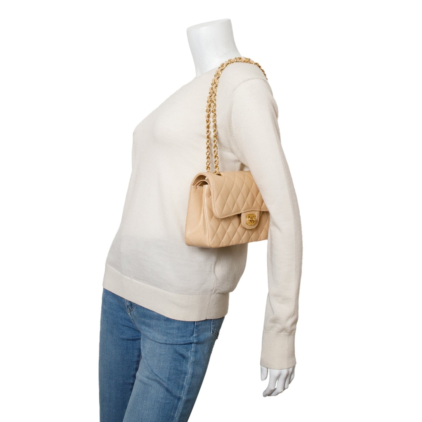 Chanel Caviar Quilted Double Flap Beige Travel Bag