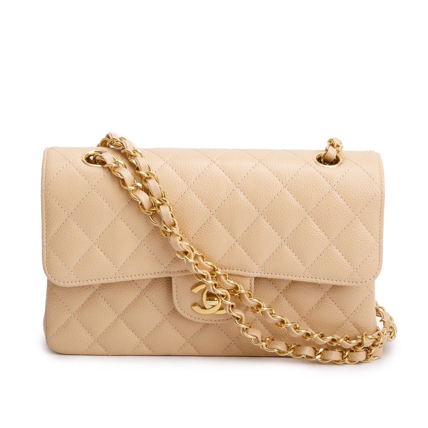 Chanel Caviar Quilted Double Flap Beige Travel Bag