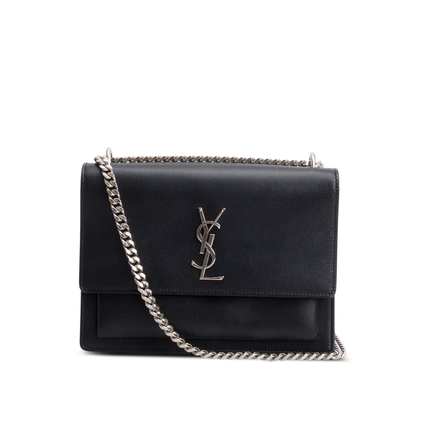 YSL Saint Laurent Calfskin Sunset Shoulder Bag Leather Black Receipt 68307