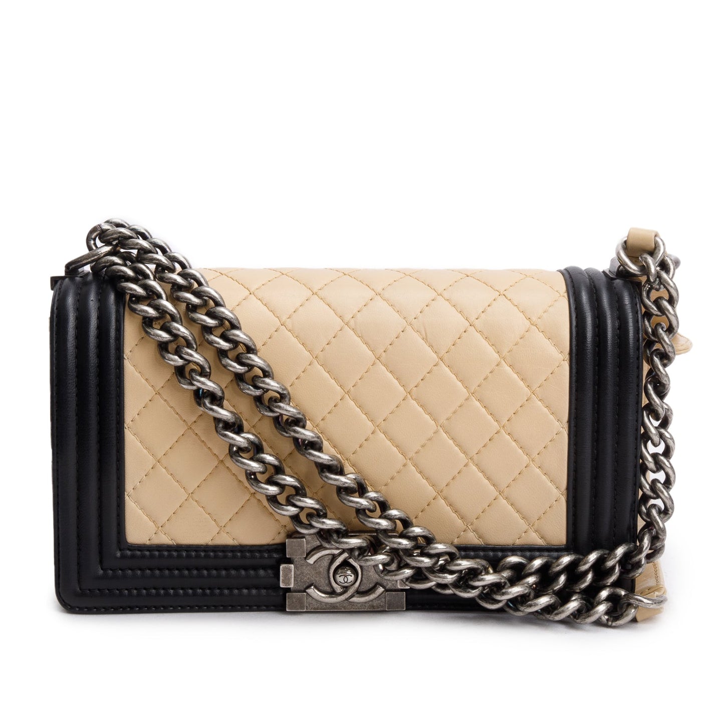 Chanel Quilted Boy Leather Lambskin Black Beige Travel Bag