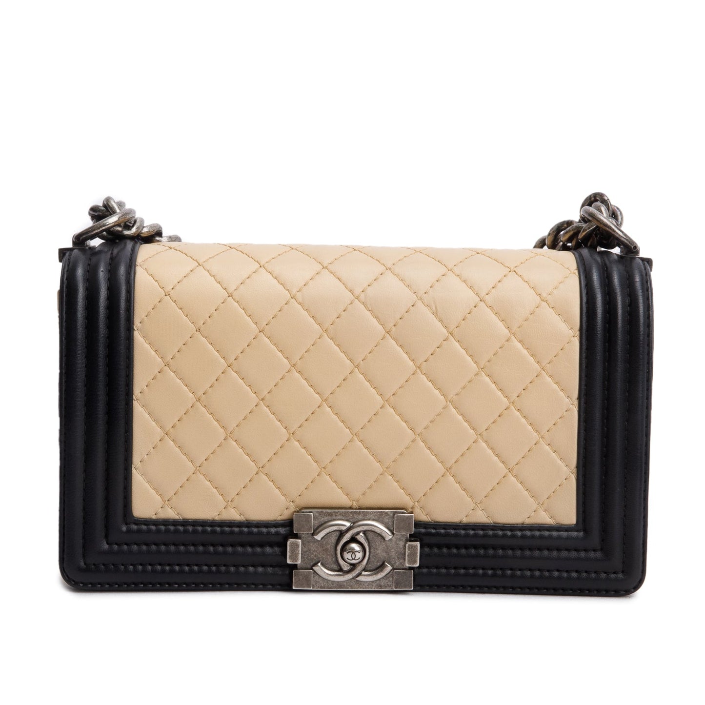 Chanel Quilted Boy Leather Lambskin Black Beige Travel Bag