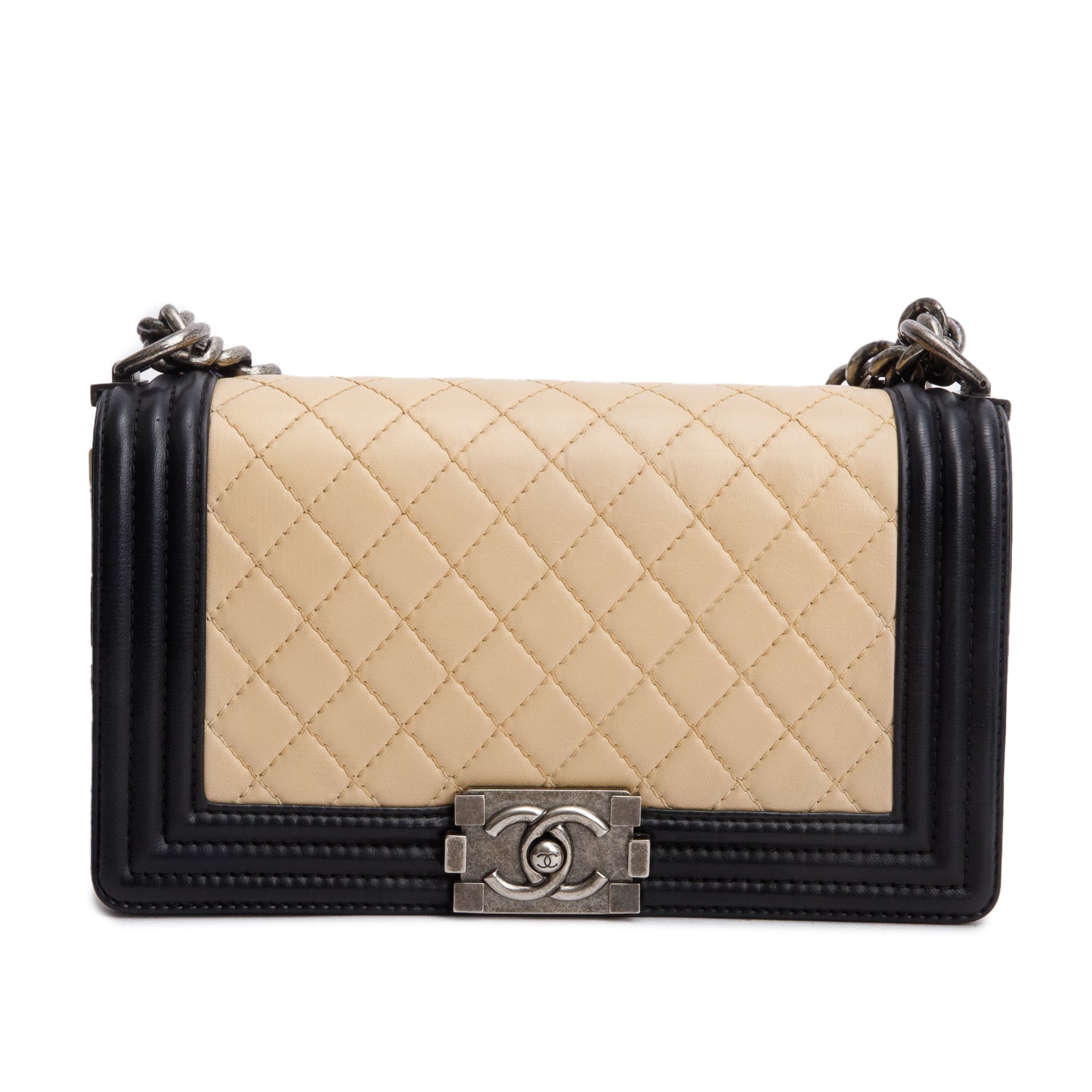 Chanel Quilted Boy Leather Lambskin Black Beige Travel Bag