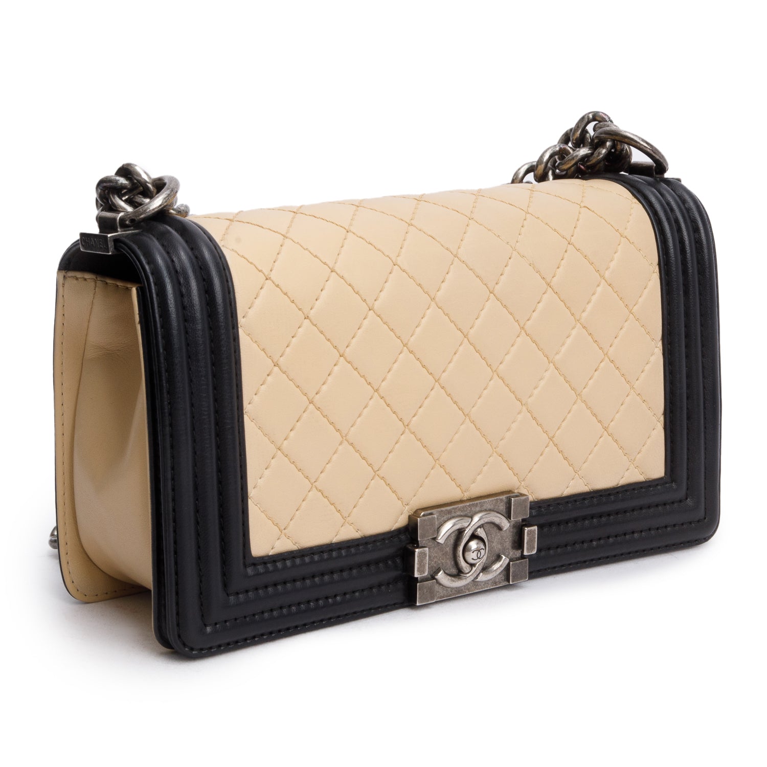 Chanel Quilted Boy Leather Lambskin Black Beige Travel Bag