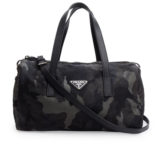Prada Convertible Camouflage Boston Bag Nylon Black Travel Bag