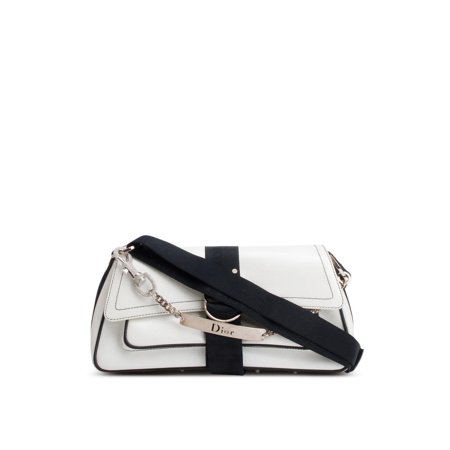 Dior Christian Crystal Embellished Hardcore Shoulder Bag Leather White