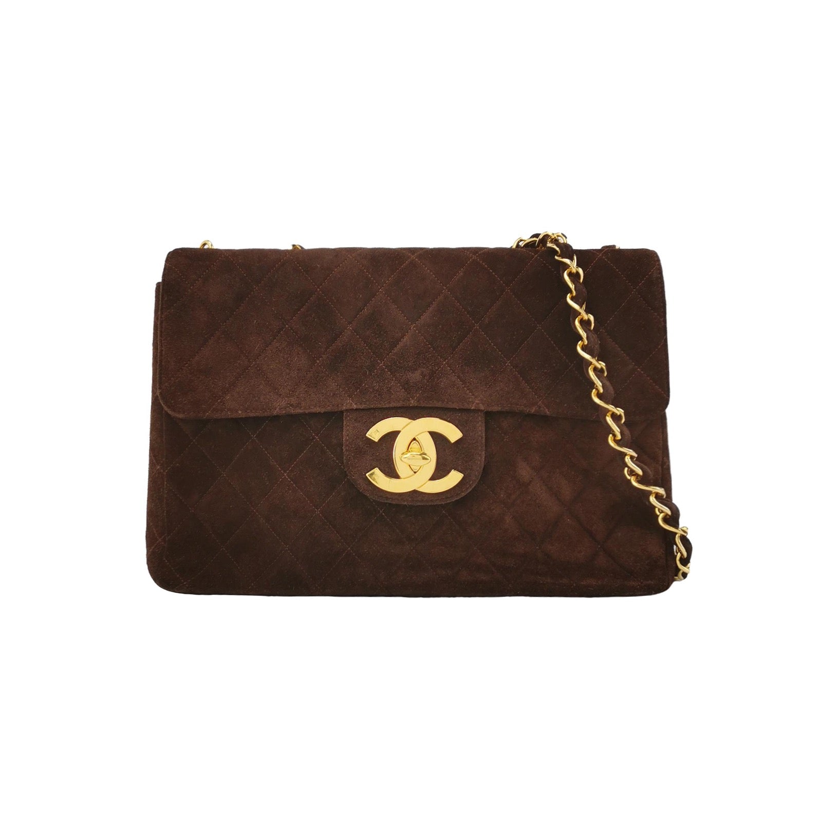 Chanel Classic Flap Maxi Chocolate Suede Giant Brown Gold Leather Handbag