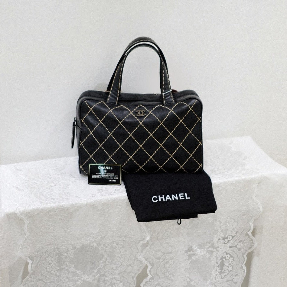 Chanel   calfskin gunmetal cc wild stitch handbag