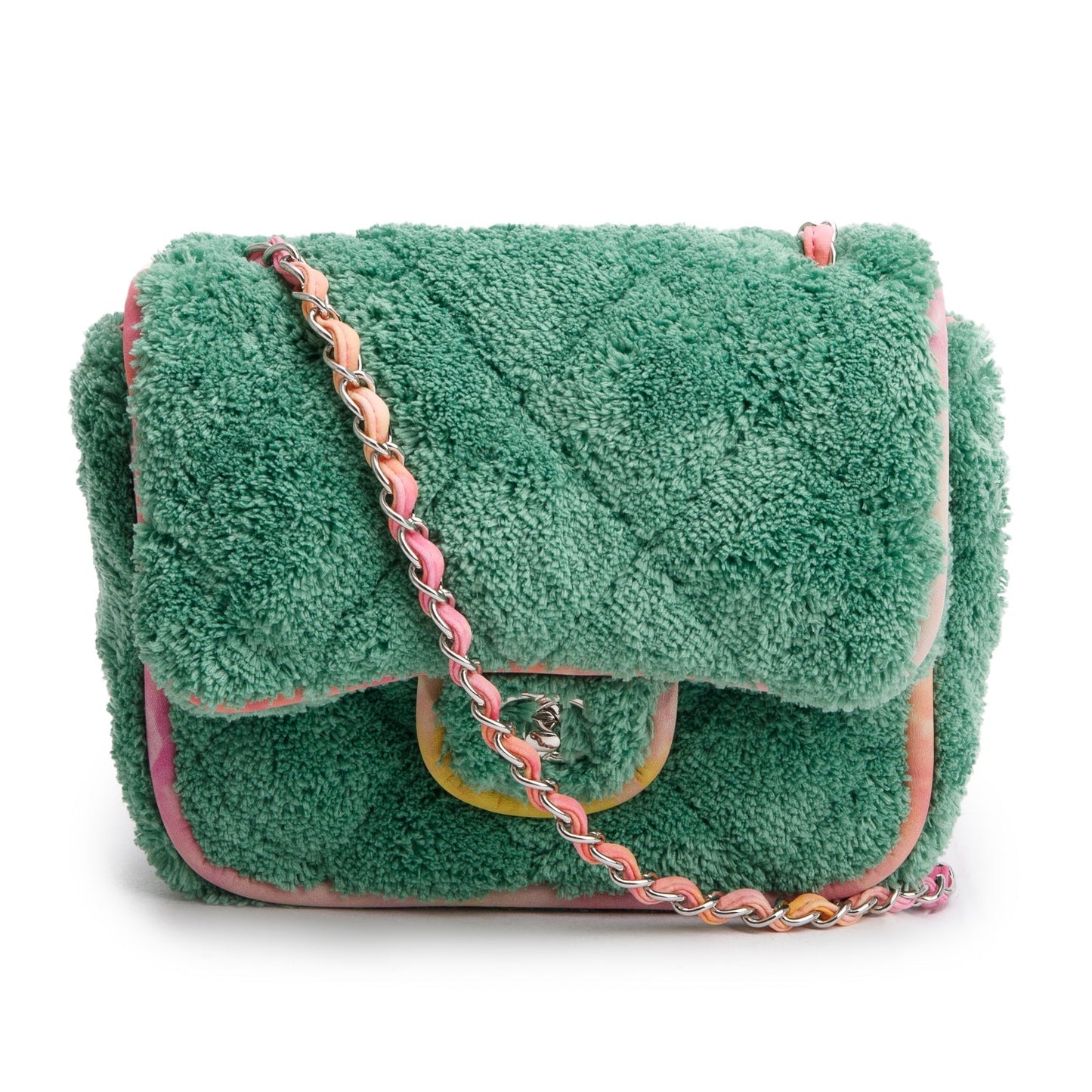 Chanel Quilted Terry Cloth Square Flap Green Travel Bag