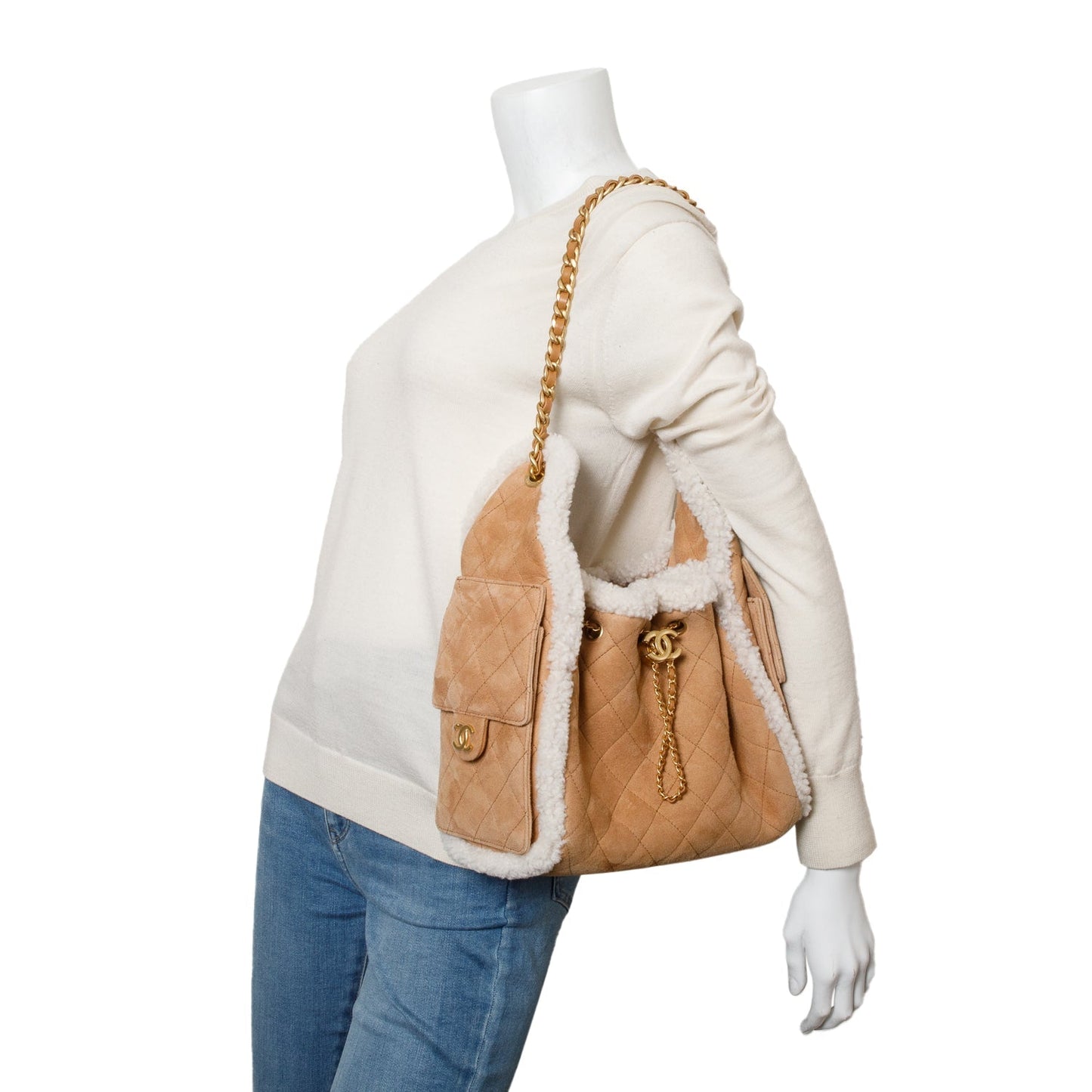 Chanel Suede Quilted Shearling 25 Brown Travel Bag
