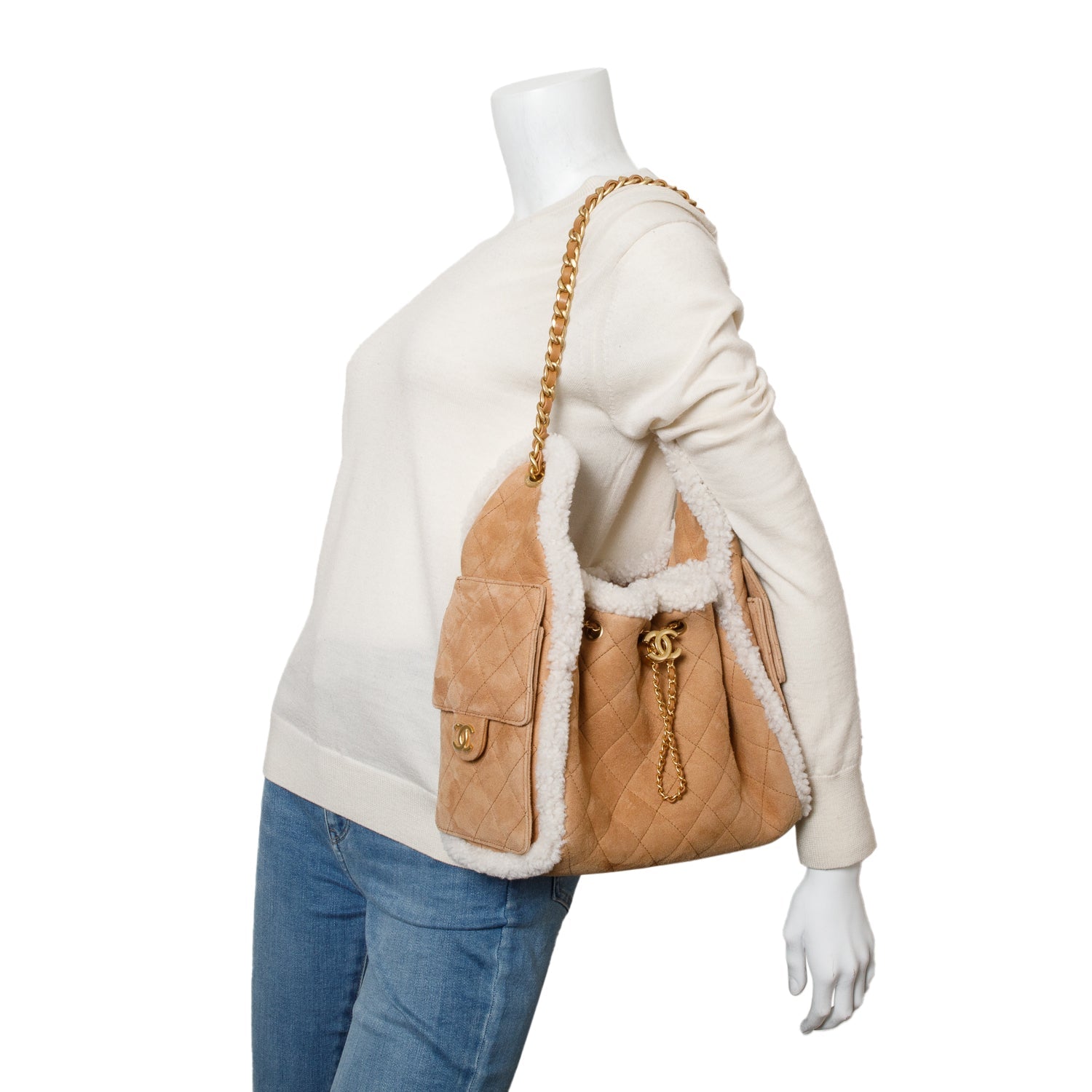 Chanel Suede Quilted Shearling 25 Brown Travel Bag