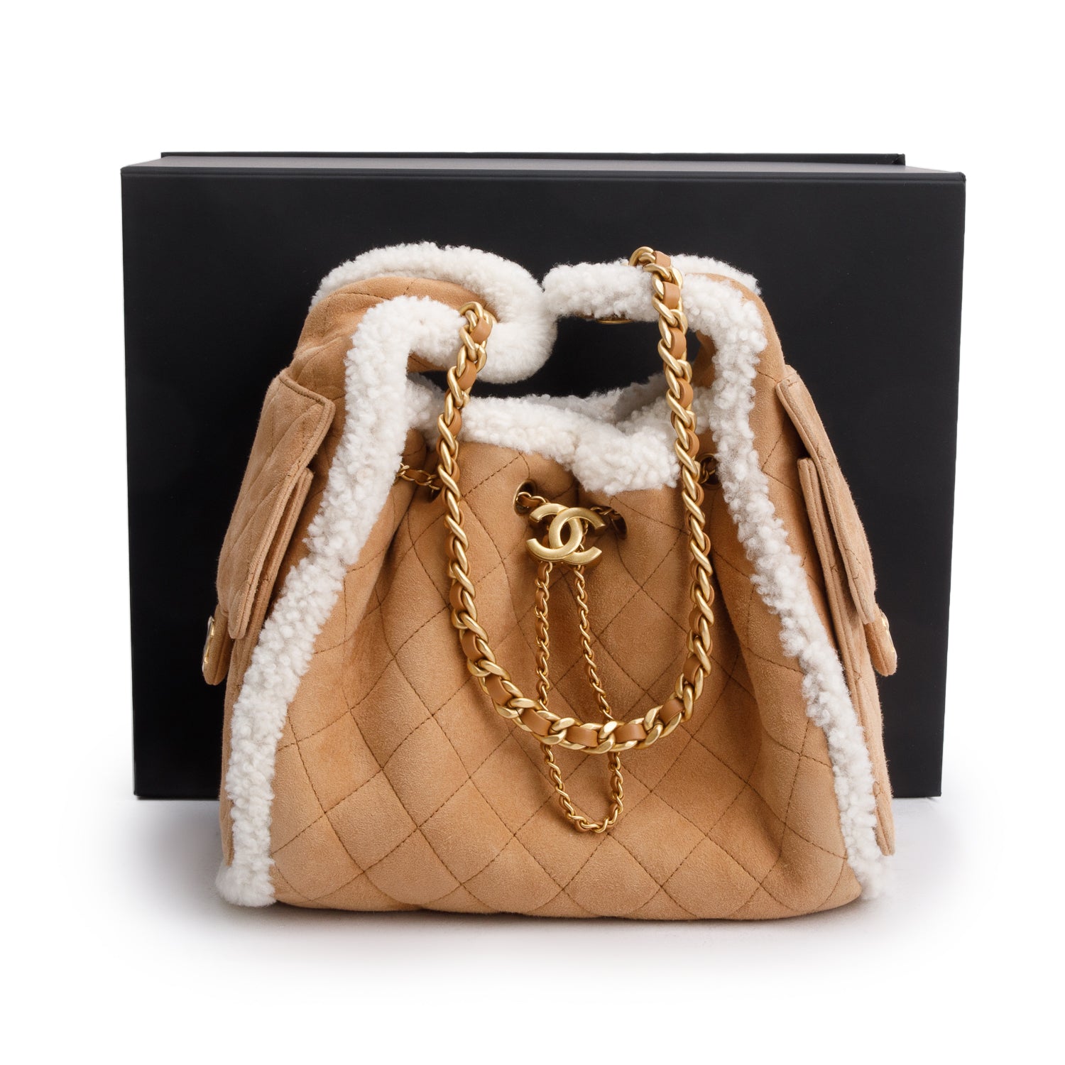 Chanel Suede Quilted Shearling 25 Brown Travel Bag