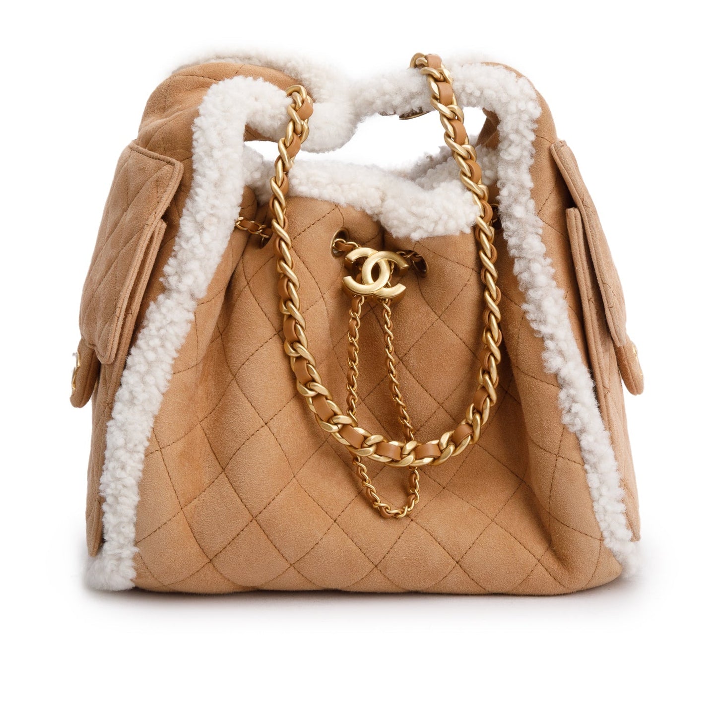 Chanel Suede Quilted Shearling 25 Brown Travel Bag
