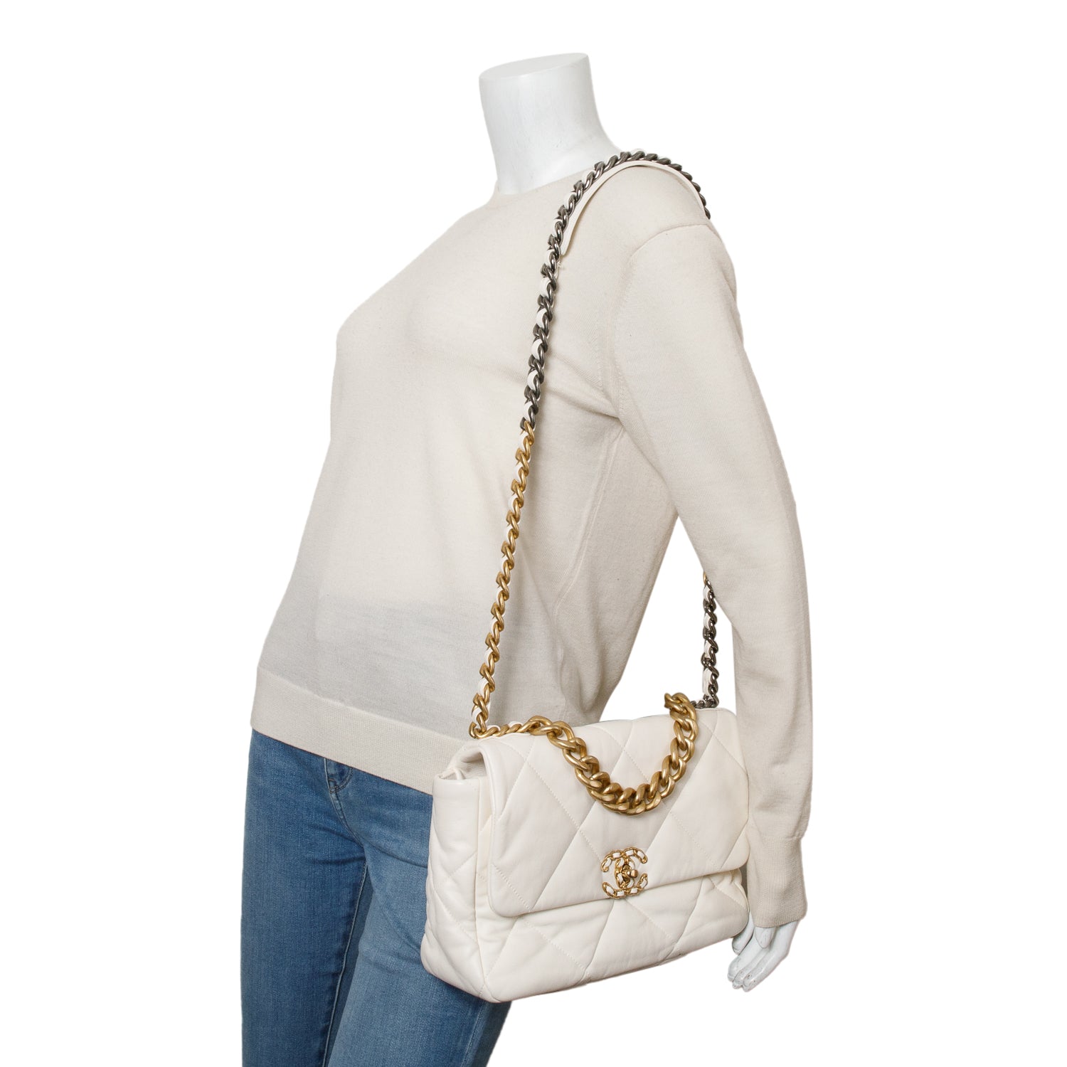 Chanel 19 Flap Leather Lambskin White Travel Bag