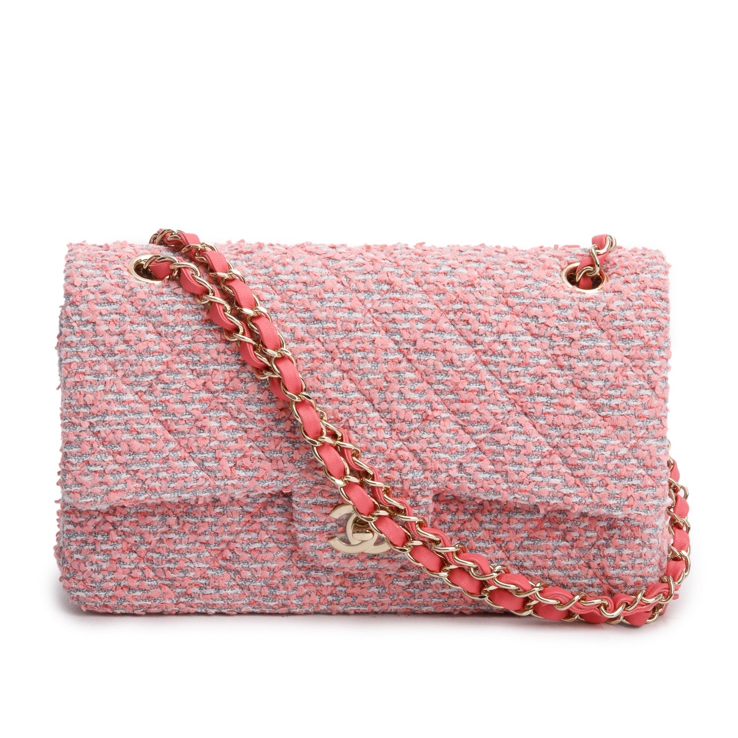Chanel Tweed Quilted Double Flap Pink Travel Bag