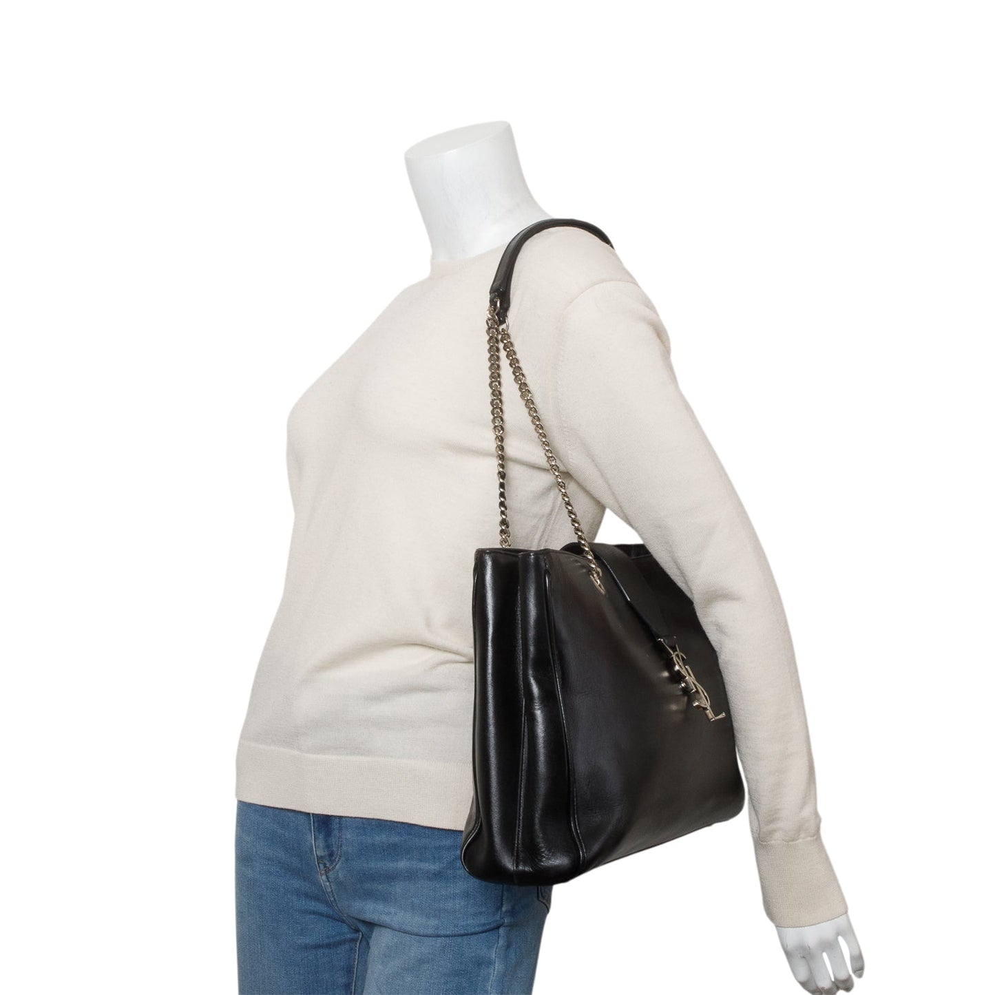 YSL Saint Laurent Smooth Calfskin Cassandre Shopping Tote Black Tote Bag