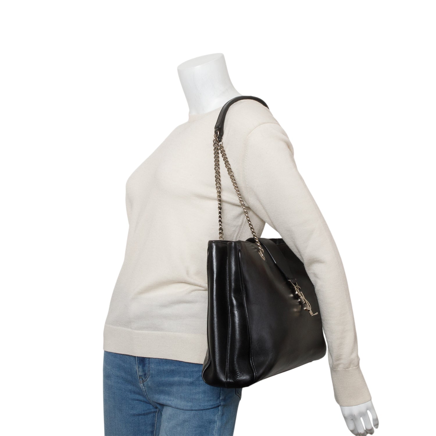 YSL Saint Laurent Smooth Calfskin Cassandre Shopping Tote Black Tote Bag