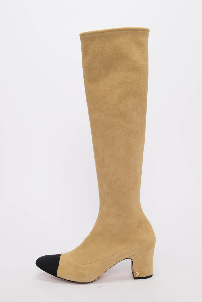 Chanel Beige Stretch Suede Knee Length Boots 40.5 for Women