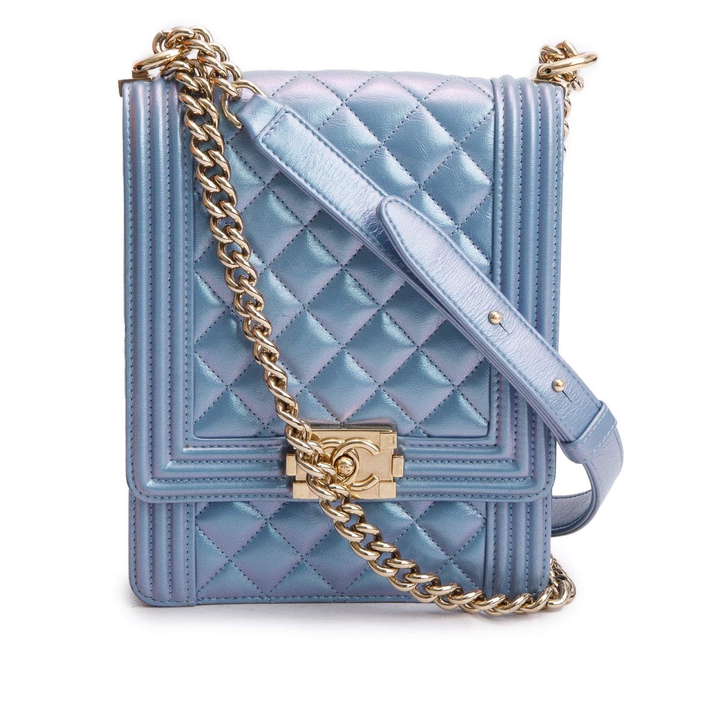 Chanel Iridescent Quilted North South Boy Calfskin Blue Travel Bag