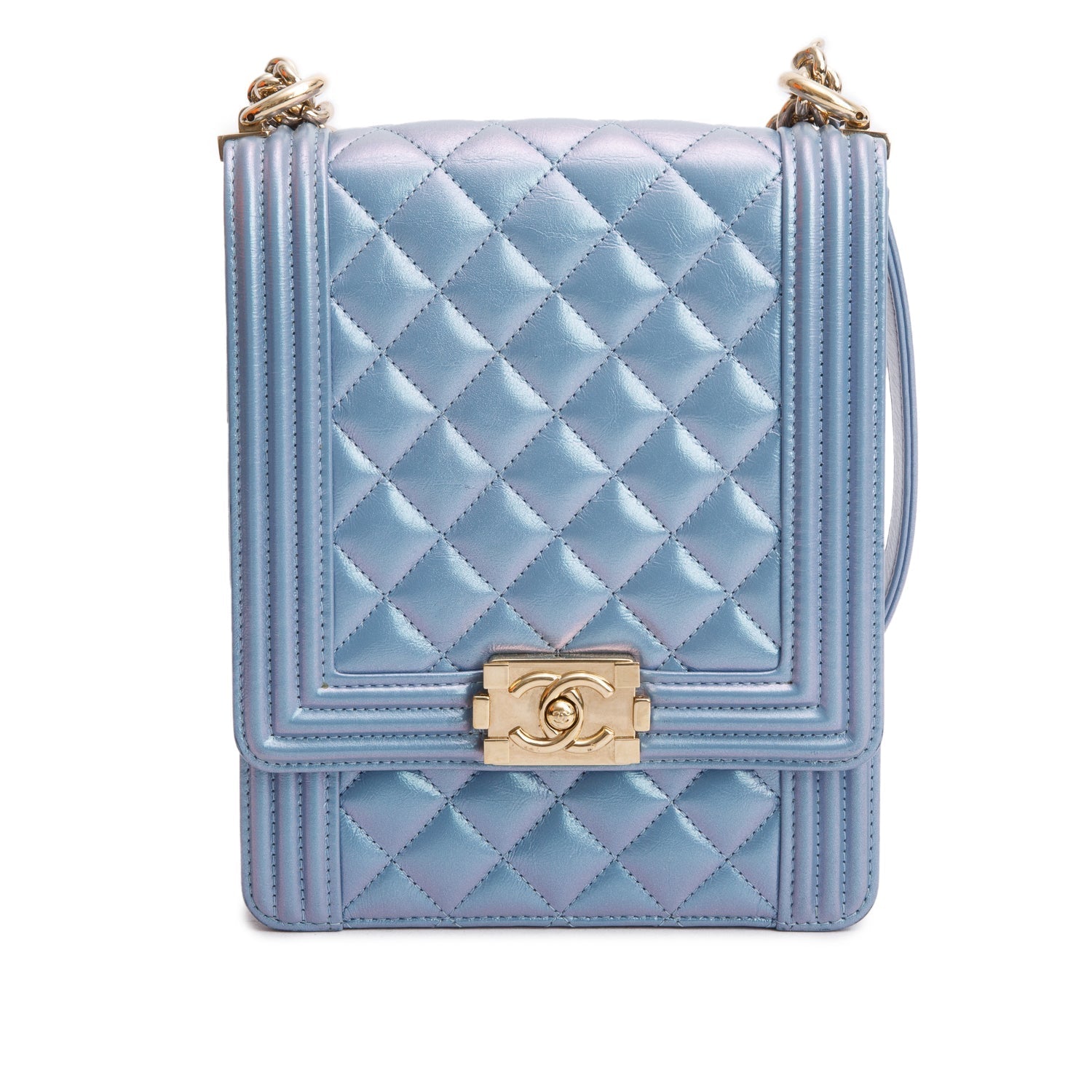 Chanel Iridescent Quilted North South Boy Calfskin Blue Travel Bag