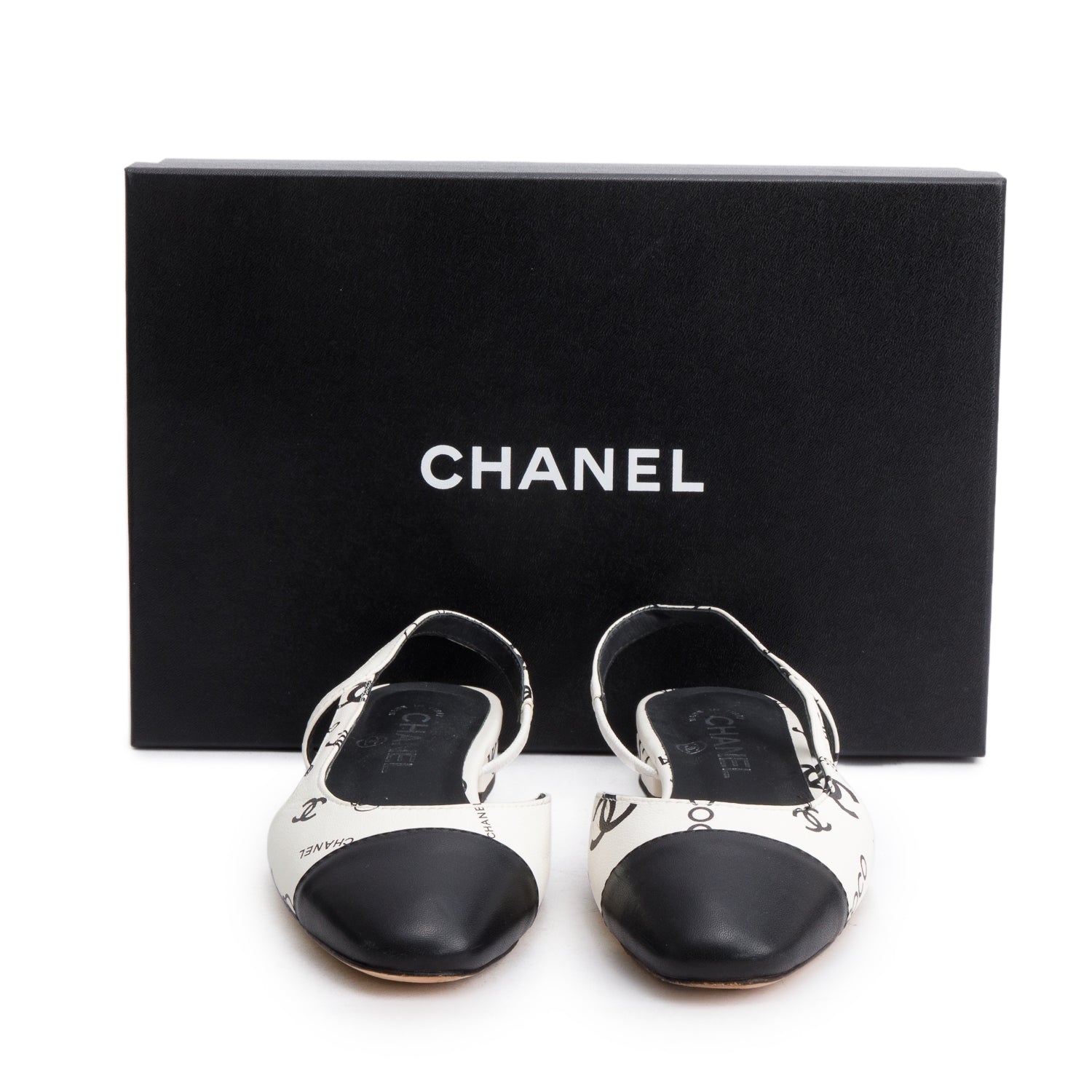 Chanel Printed CC Slingback Flats Lambskin Black White Shoes