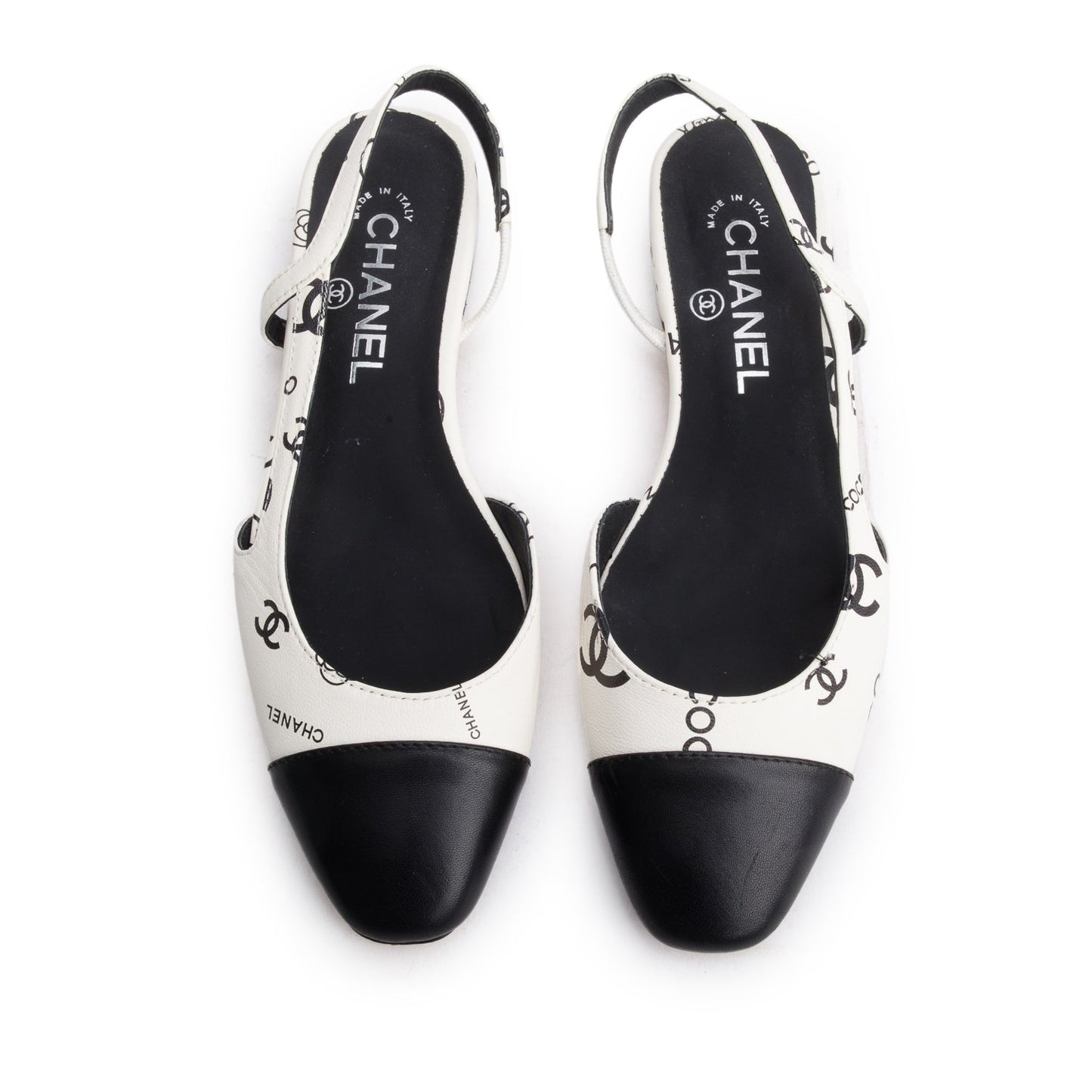 Chanel Printed CC Slingback Flats Lambskin Black White Shoes