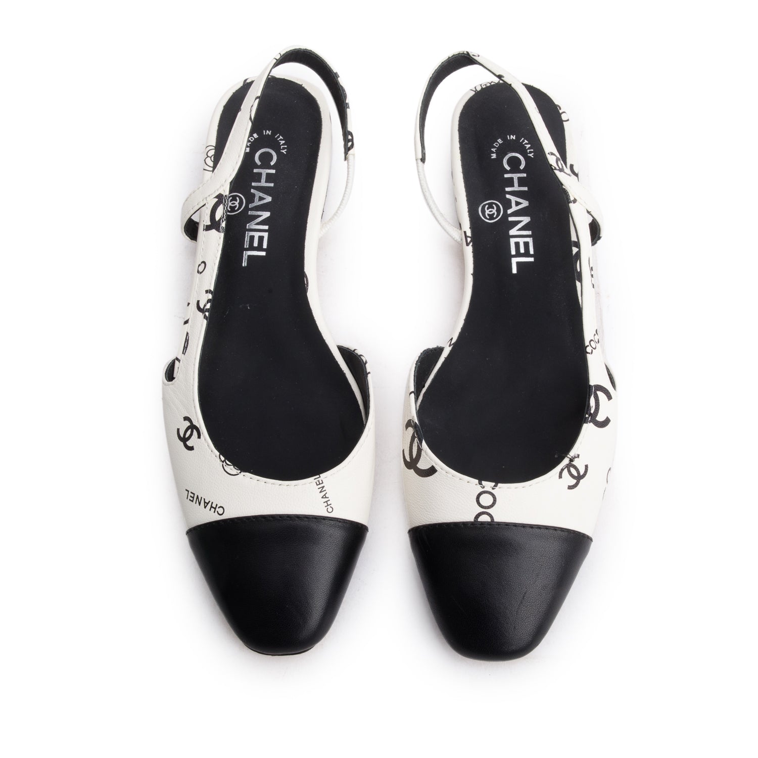 Chanel Printed CC Slingback Flats Lambskin Black White Shoes
