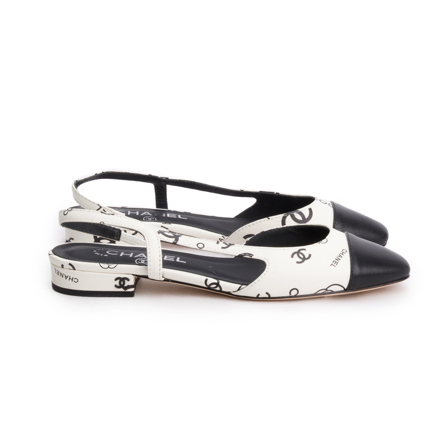 Chanel Printed CC Slingback Flats Lambskin Black White Shoes