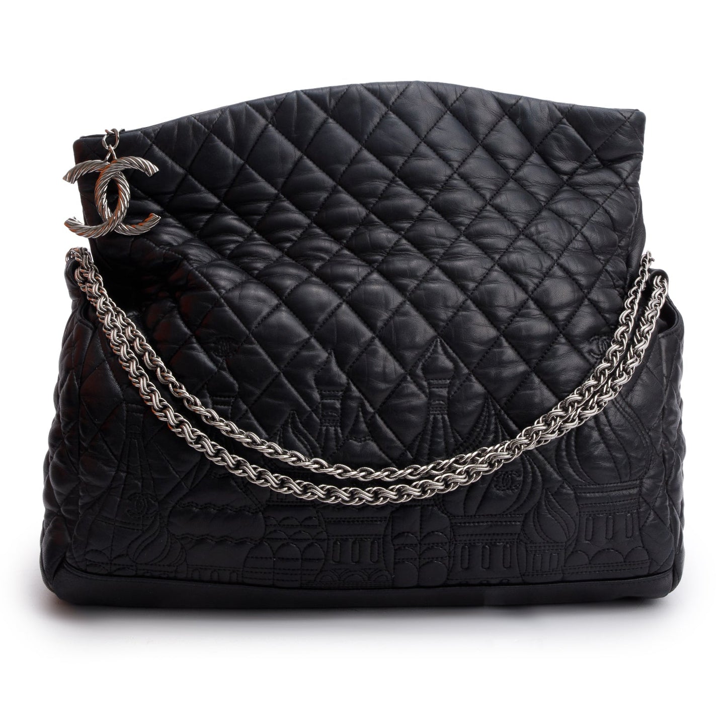 Chanel Quilted Paris Moscou Square Hobo Lambskin Black Red Travel Bag