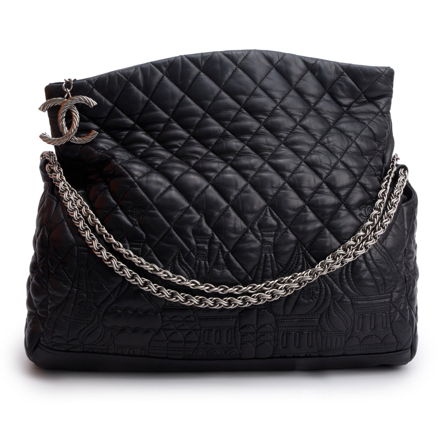 Chanel Quilted Paris Moscou Square Hobo Lambskin Black Red Travel Bag