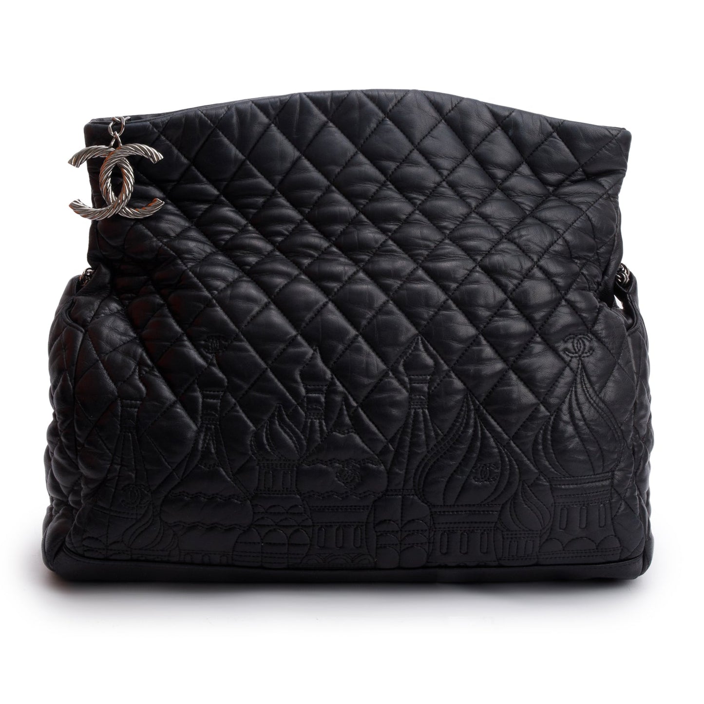 Chanel Quilted Paris Moscou Square Hobo Lambskin Black Red Travel Bag