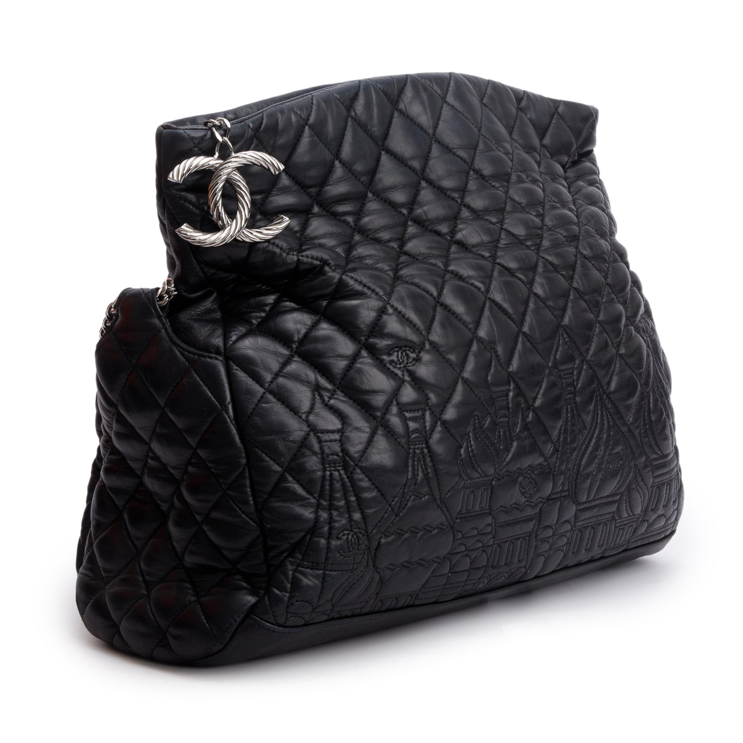 Chanel Quilted Paris Moscou Square Hobo Lambskin Black Red Travel Bag