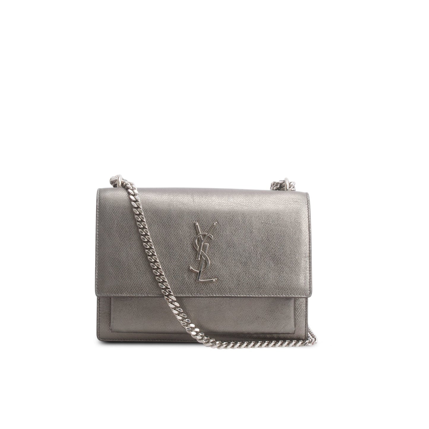 YSL Saint Laurent Grey Metallic Grain De Poudre Sunset Bag Leather Medium Travel Bag