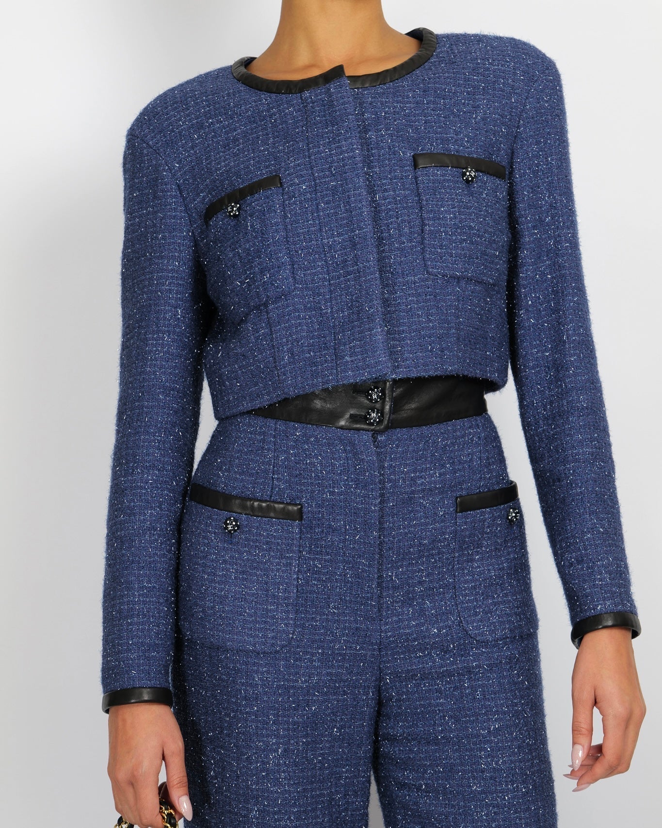 Chanel Cruise 2019 Blue Tweed Cropped Jacket and Tro rs Set with CC Logo Buttons and Black Leather Trims Size FR 36/38 (UK 8/10)