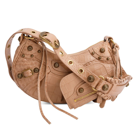 Balenciaga Extra Supple Calfskin Crocodile Embossed Le Cagole Beige Shoulder Bag