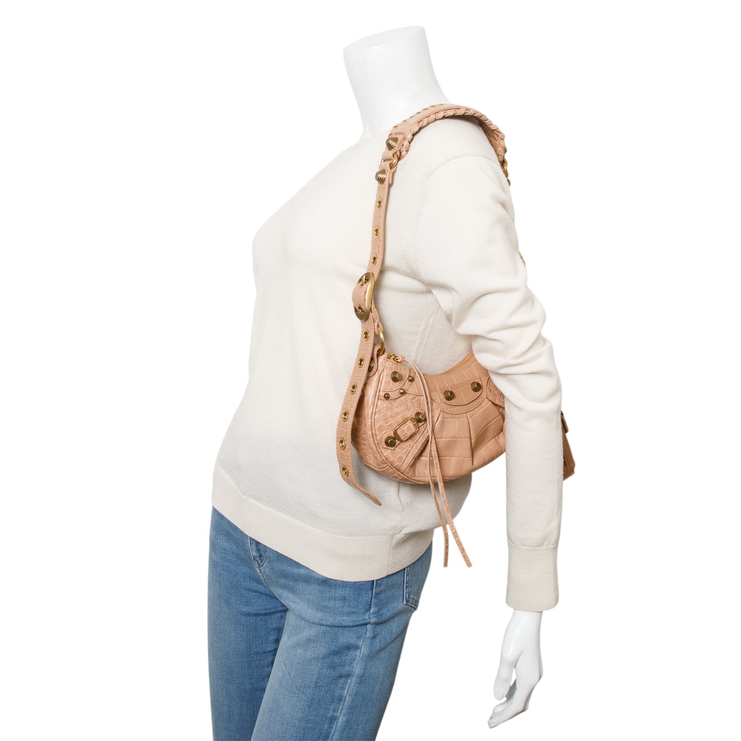 Balenciaga Extra Supple Calfskin Crocodile Embossed Le Cagole Beige Shoulder Bag