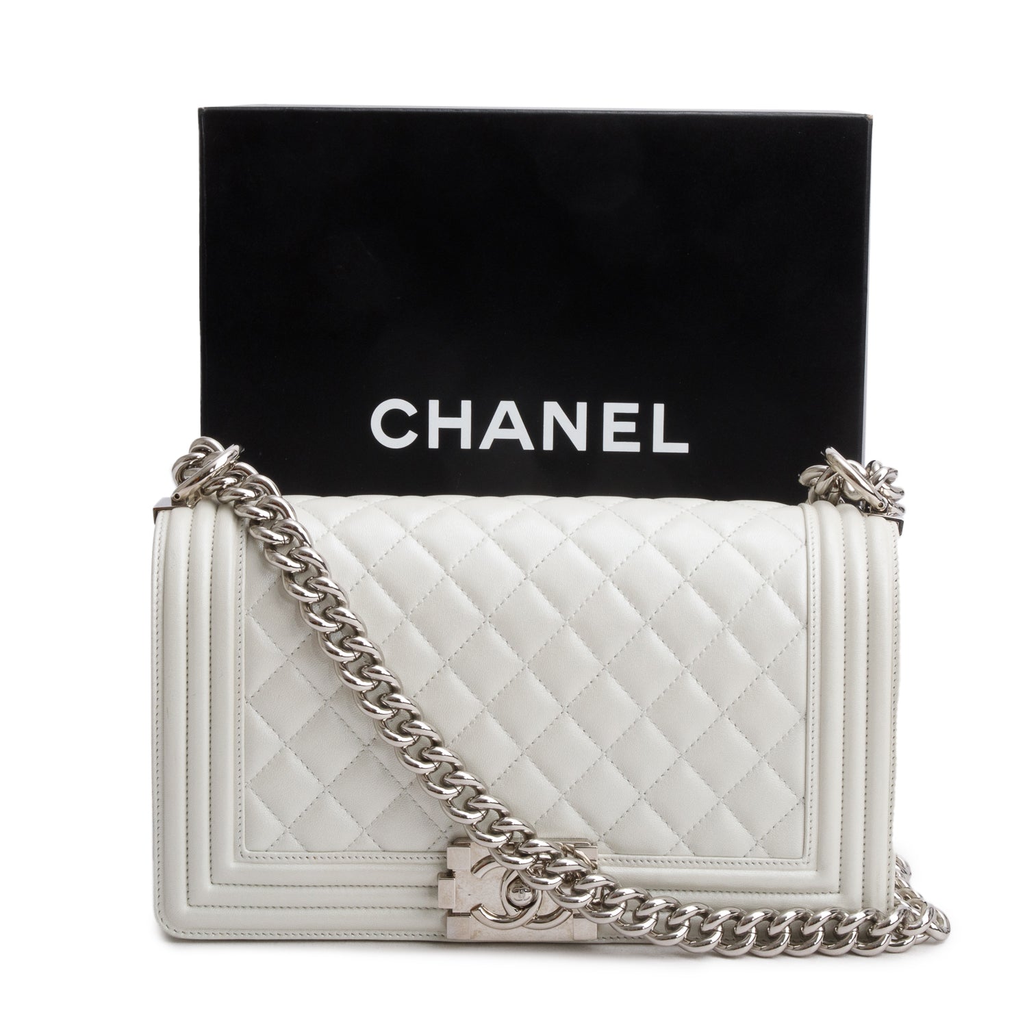 Chanel Pearly Quilted Boy Leather Lambskin White Travel Bag