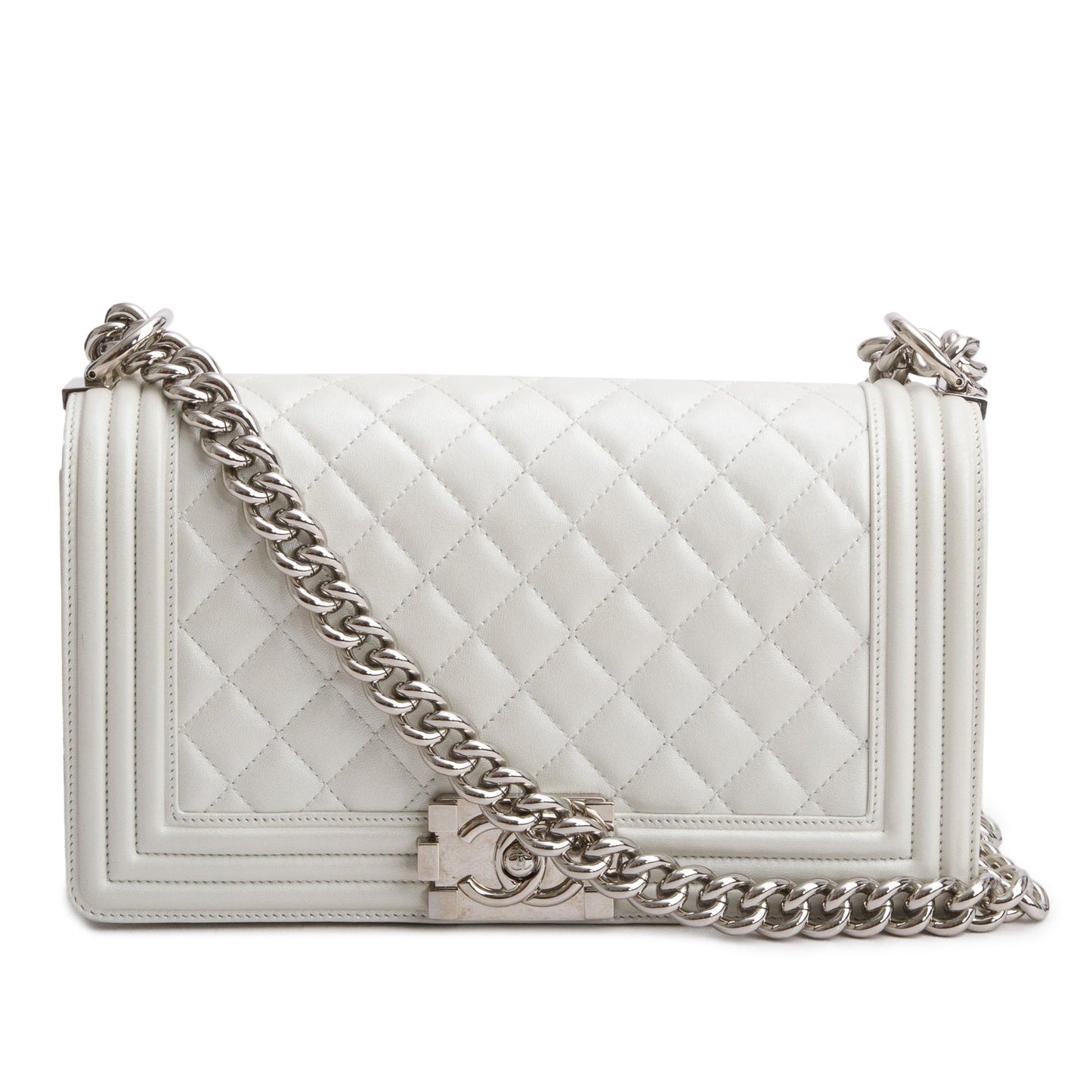 Chanel Pearly Quilted Boy Leather Lambskin White Travel Bag