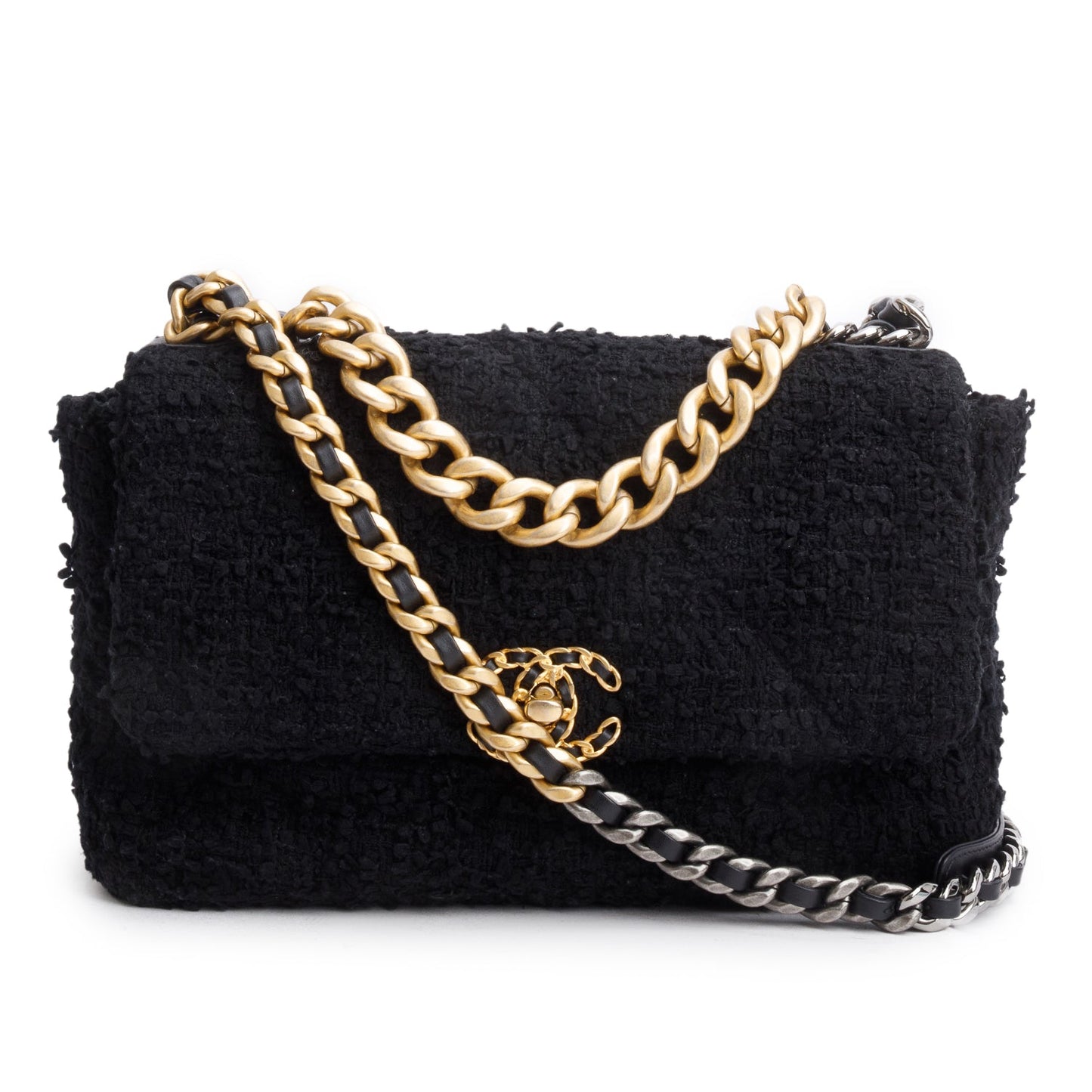 Chanel Tweed Quilted 19 Flap Black Travel Bag