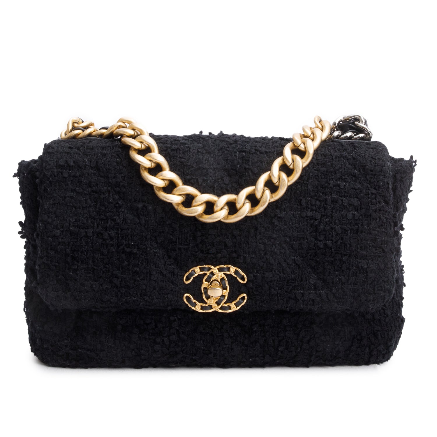 Chanel Tweed Quilted 19 Flap Black Travel Bag